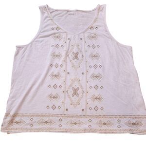 Women's Size XL j. jill Tank white with embroidered tan and brown detail READ